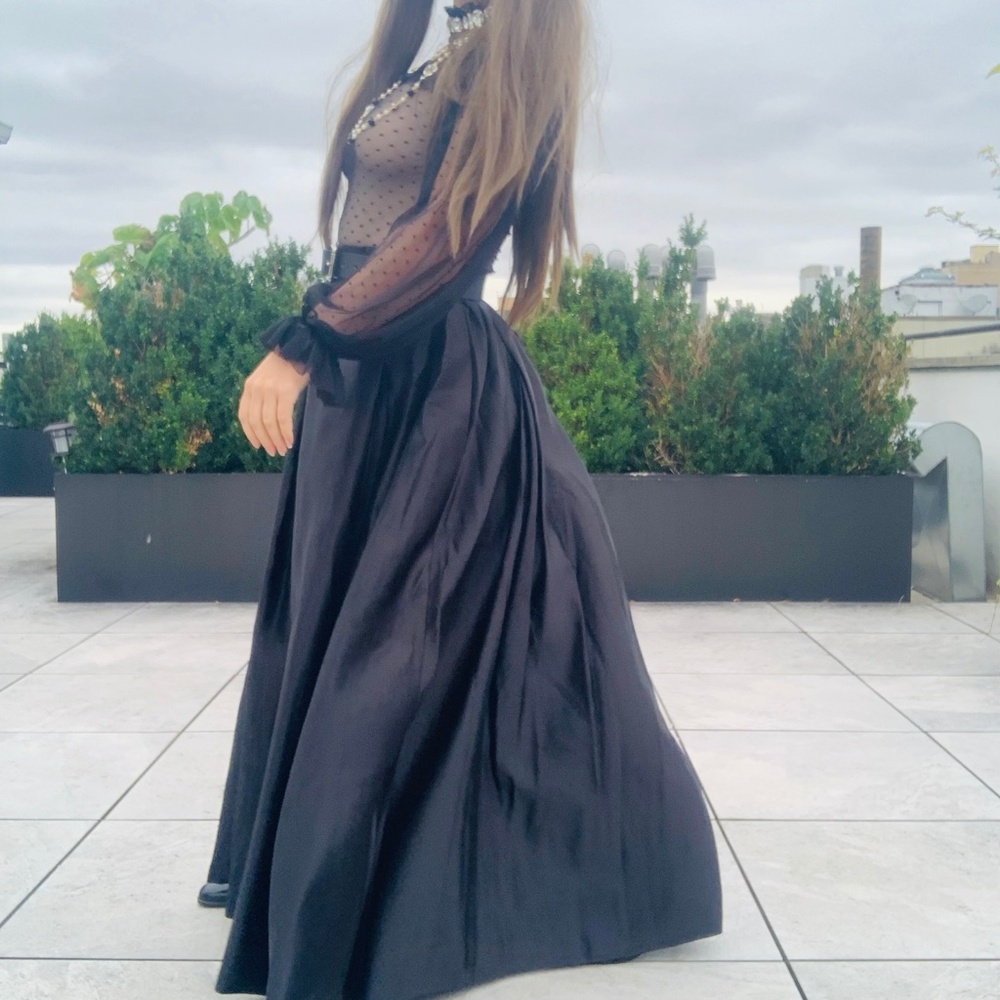 Anthro Full Satin Skater Drama Black Tie Dress Up Maxi Skirt